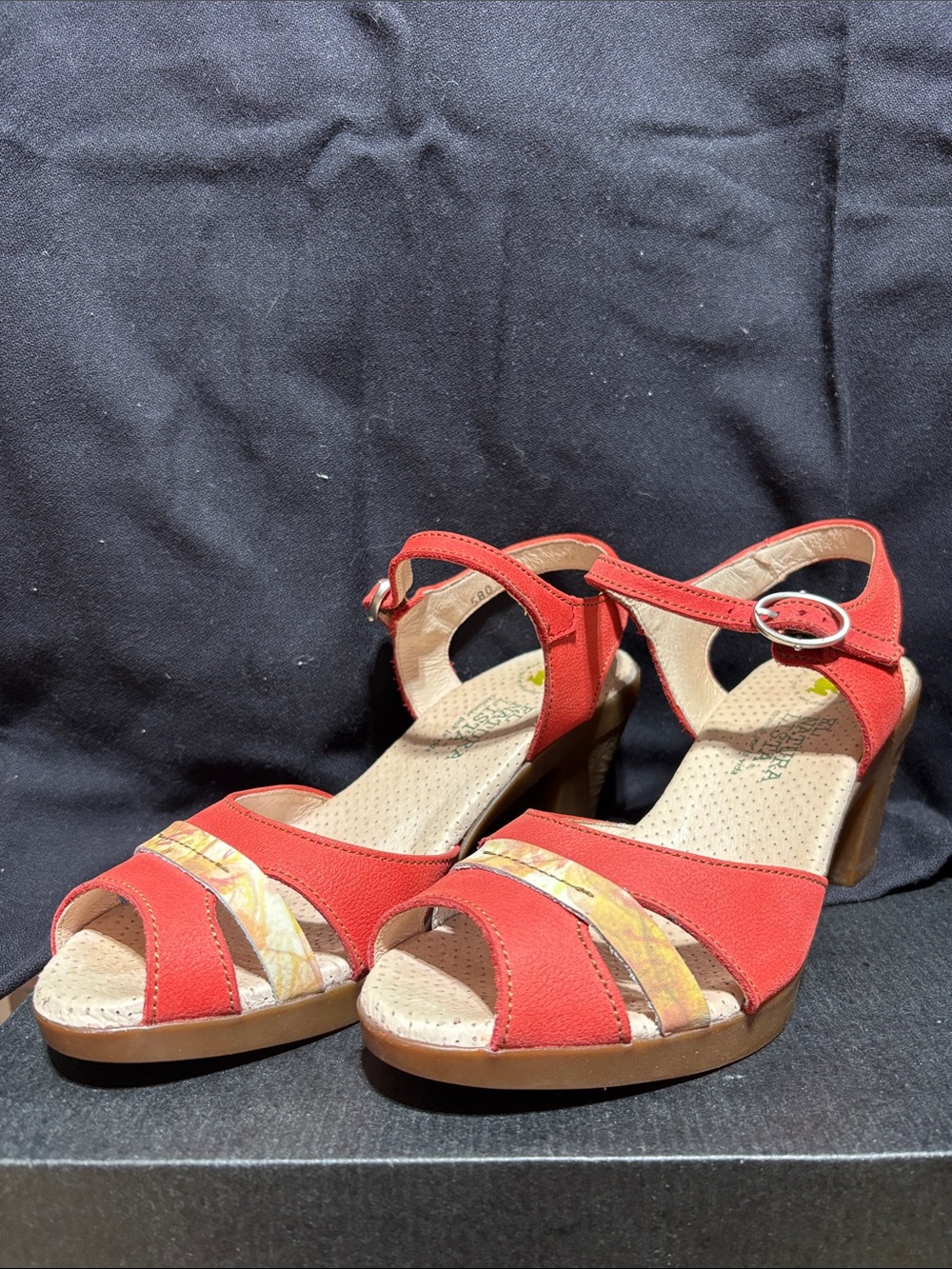 El Natura Lista Red Open-Toe Ankle-Strap Sandals with Patterned Toe Straps